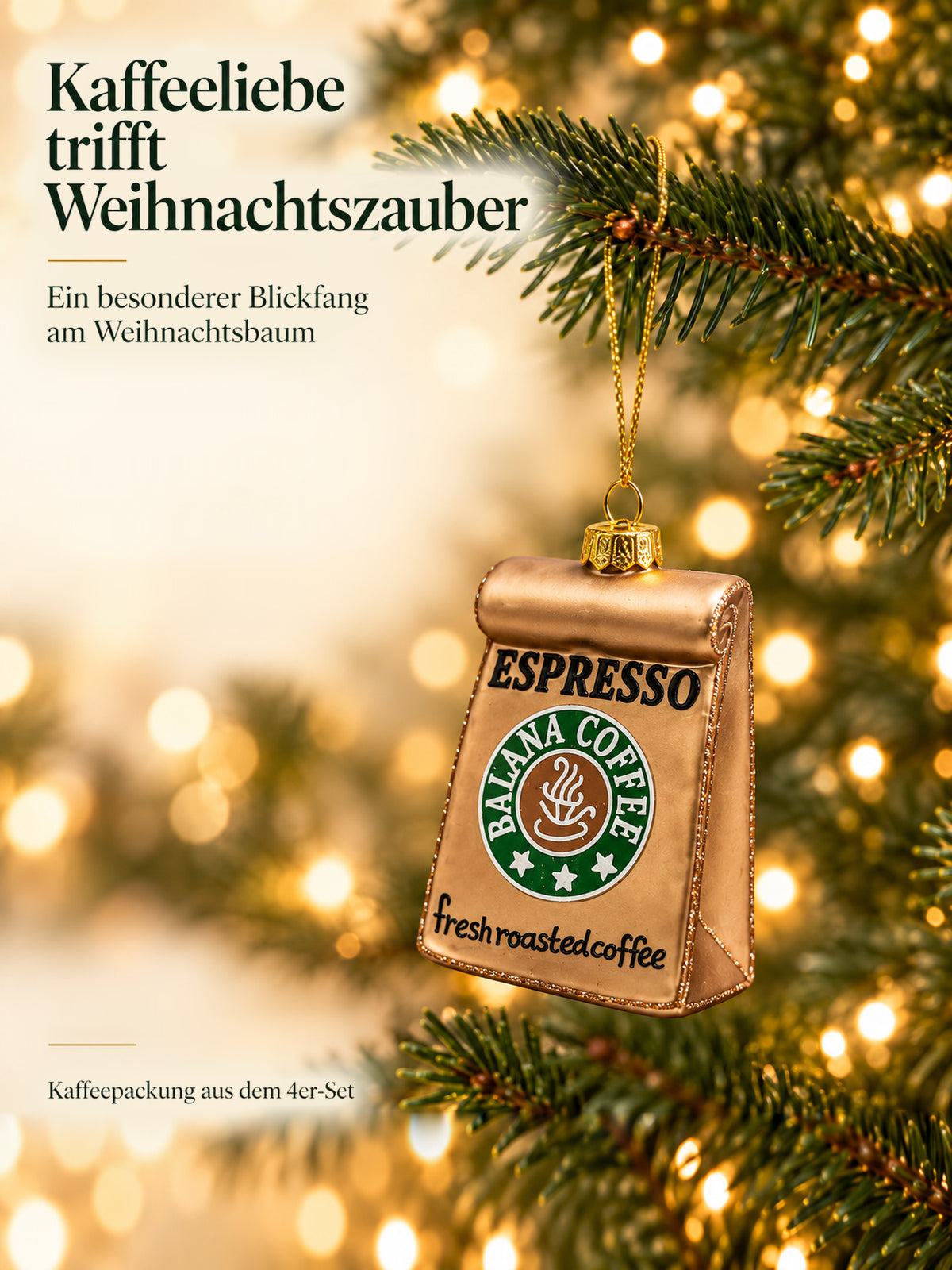 ArtiTree Glasfigur Kaffeepackung (bronze, Aufschrift „Espresso Balana Coffee", 10,5cm) am Weihnachtsbaum hängend – „Kaffeeliebe trifft Weihnachtszauber", goldenes Hängeelement