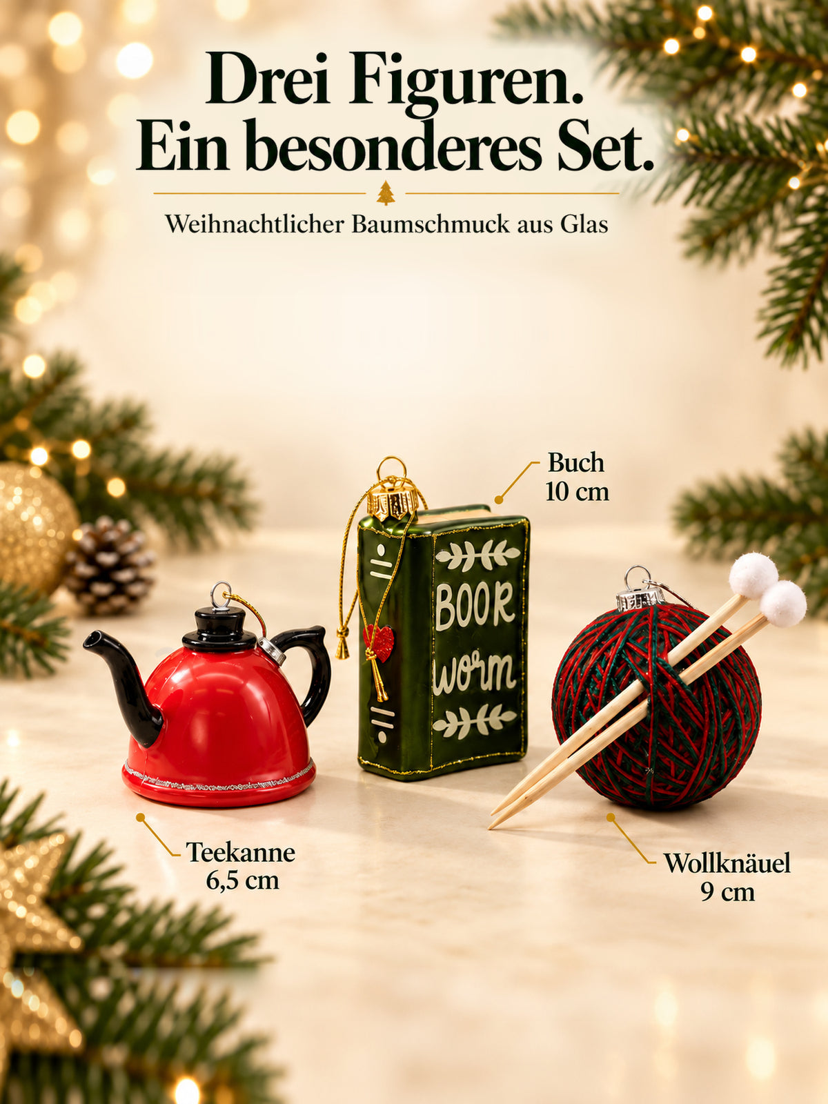 ArtiTree Glasfigurenset Cozy Moments – Drei Figuren mit Größenangaben: Buch 10cm, Wollknäuel 9cm, Teekanne 6,5cm