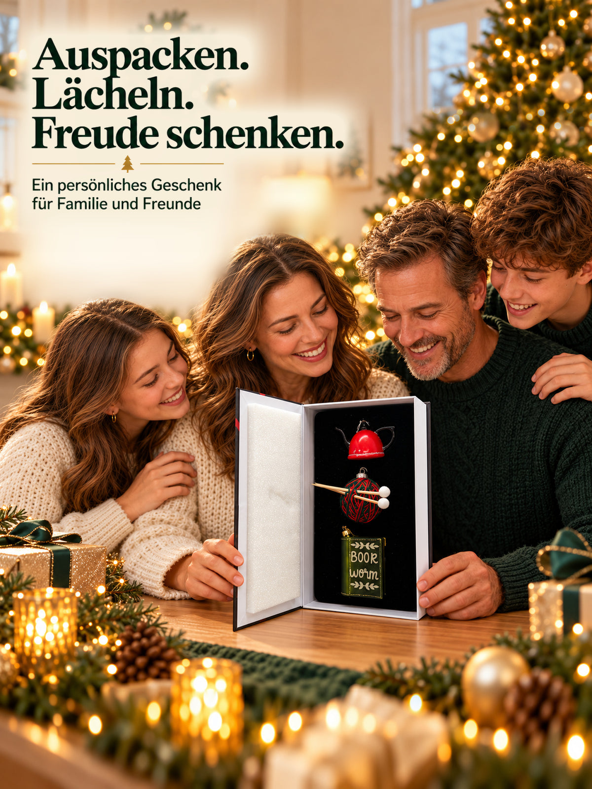 ArtiTree Glasfigurenset Cozy Moments – Familie öffnet gemeinsam die Buchverpackung, „Auspacken. Lächeln. Freude schenken.", festliche Weihnachtsstimmung