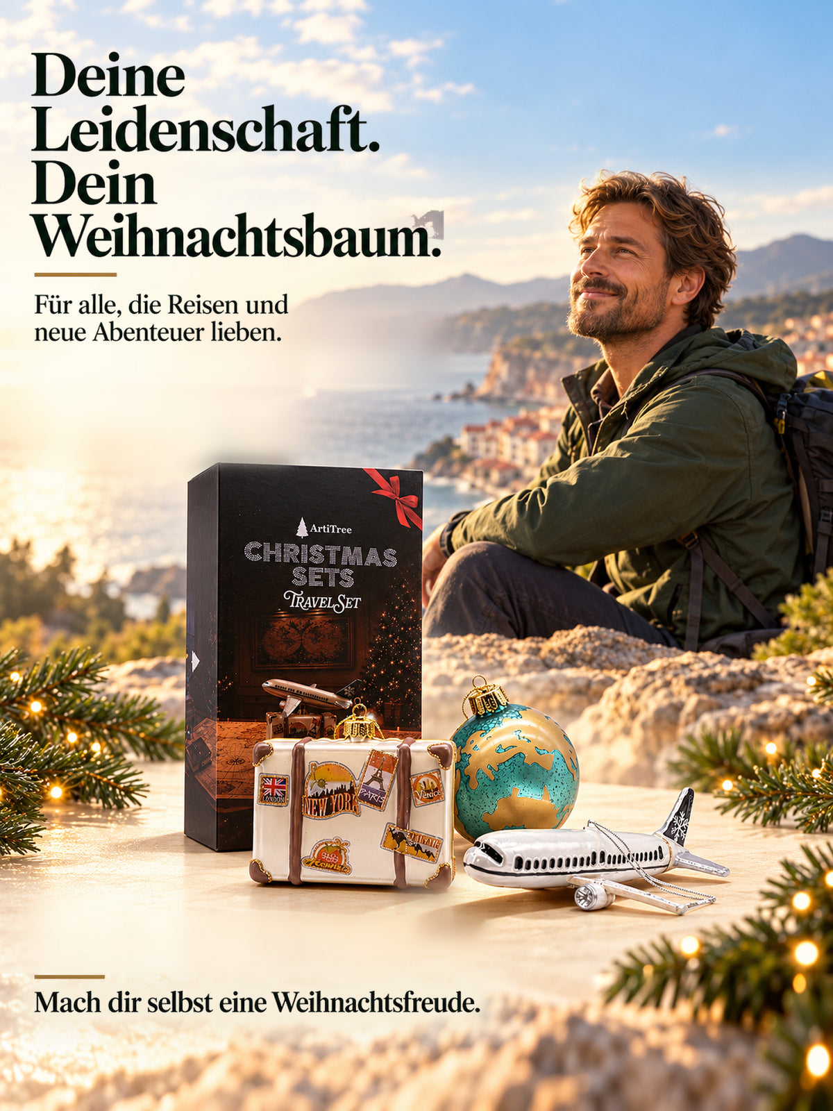 ArtiTree Glasfigurenset Travel Set – Lifestyle-Aufnahme mit Person und Tagline „Für alle, die Reisen lieben", Box und alle drei Glasfiguren, goldene Weihnachtslichter im Hintergrund