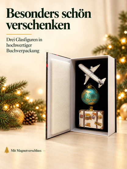 ArtiTree Glasfigurenset Travel Set – Geöffnete Buchverpackung mit Magnetverschluss und drei Glasfiguren, Aufschrift „Besonders schön verschenken – 3 Glasfiguren in hochwertiger Buchverpackung"