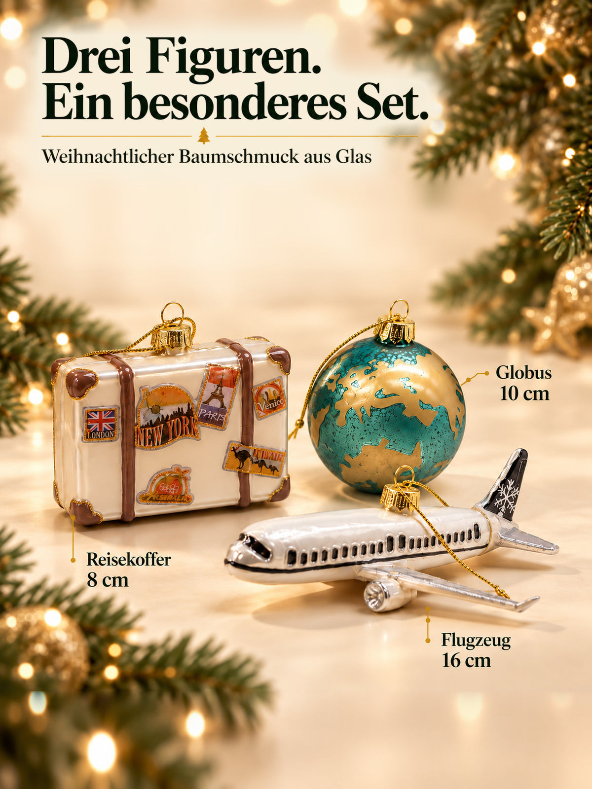 ArtiTree Glasfigurenset Travel Set – Drei Figuren mit Größenangaben: Flugzeug 16cm, Globus 10cm, Reisekoffer 8cm