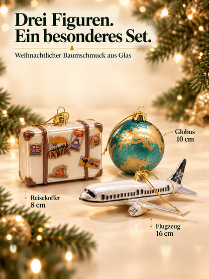 ArtiTree Glasfigurenset Travel Set – Drei Figuren mit Größenangaben: Flugzeug 16cm, Globus 10cm, Reisekoffer 8cm