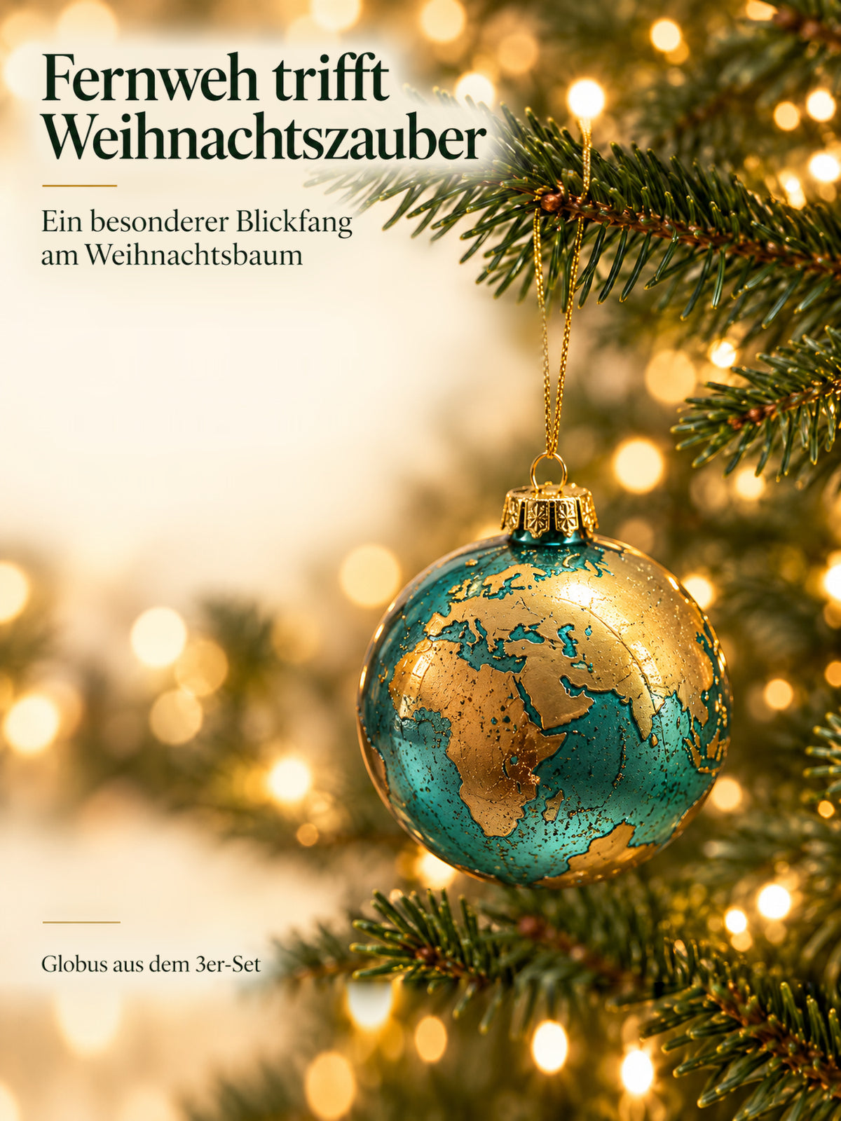 ArtiTree Glasfigur Globus (türkis-gold, Weltkarte, 10cm) am Weihnachtsbaum hängend – „Fernweh trifft Weihnachtszauber", goldenes Hängeelement