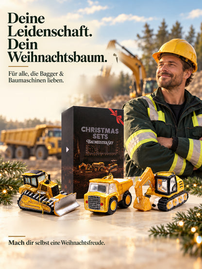 ArtiTree Glasfigurenset Baumeisterset – Lifestyle-Aufnahme mit Person und Tagline „Für alle, die Baustellen lieben", Box und alle drei Glasfiguren, goldene Weihnachtslichter im Hintergrund