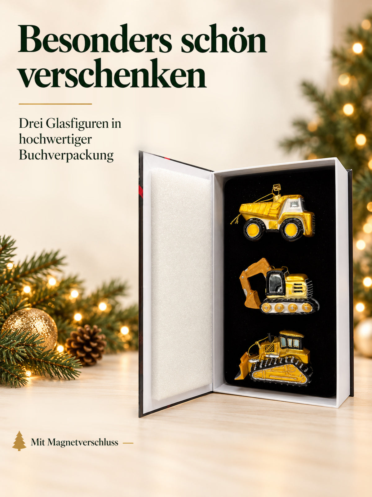 ArtiTree Glasfigurenset Baumeisterset – Geöffnete Buchverpackung mit Magnetverschluss und drei Glasfiguren, Aufschrift „Besonders schön verschenken – 3 Glasfiguren in hochwertiger Buchverpackung"