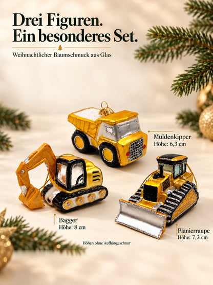 ArtiTree Glasfigurenset Baumeisterset – Drei Figuren mit Größenangaben: Bagger 8cm, Planierraupe 7,2cm, Muldenkipper 6,3cm
