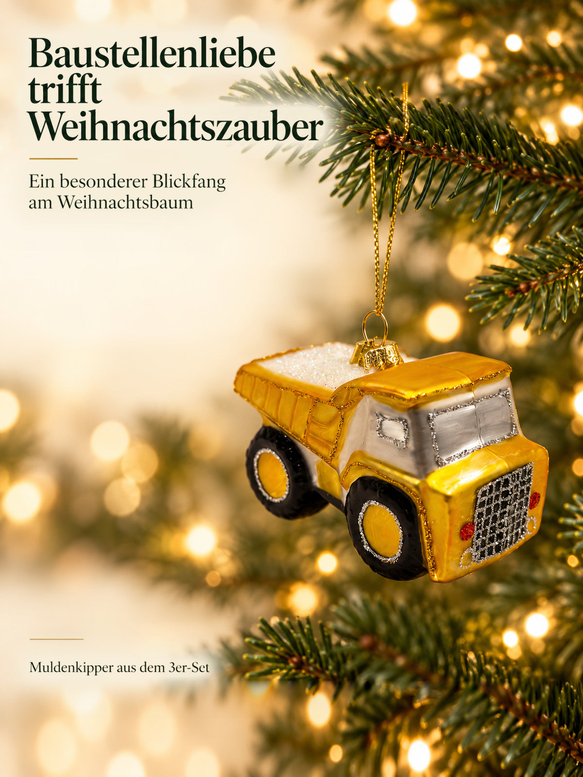 ArtiTree Glasfigur Muldenkipper (gelb-silber, 6,3cm) am Weihnachtsbaum hängend – „Baustellenliebe trifft Weihnachtszauber", goldenes Hängeelement