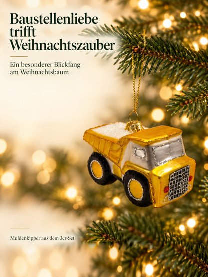 ArtiTree Glasfigur Muldenkipper (gelb-silber, 6,3cm) am Weihnachtsbaum hängend – „Baustellenliebe trifft Weihnachtszauber", goldenes Hängeelement