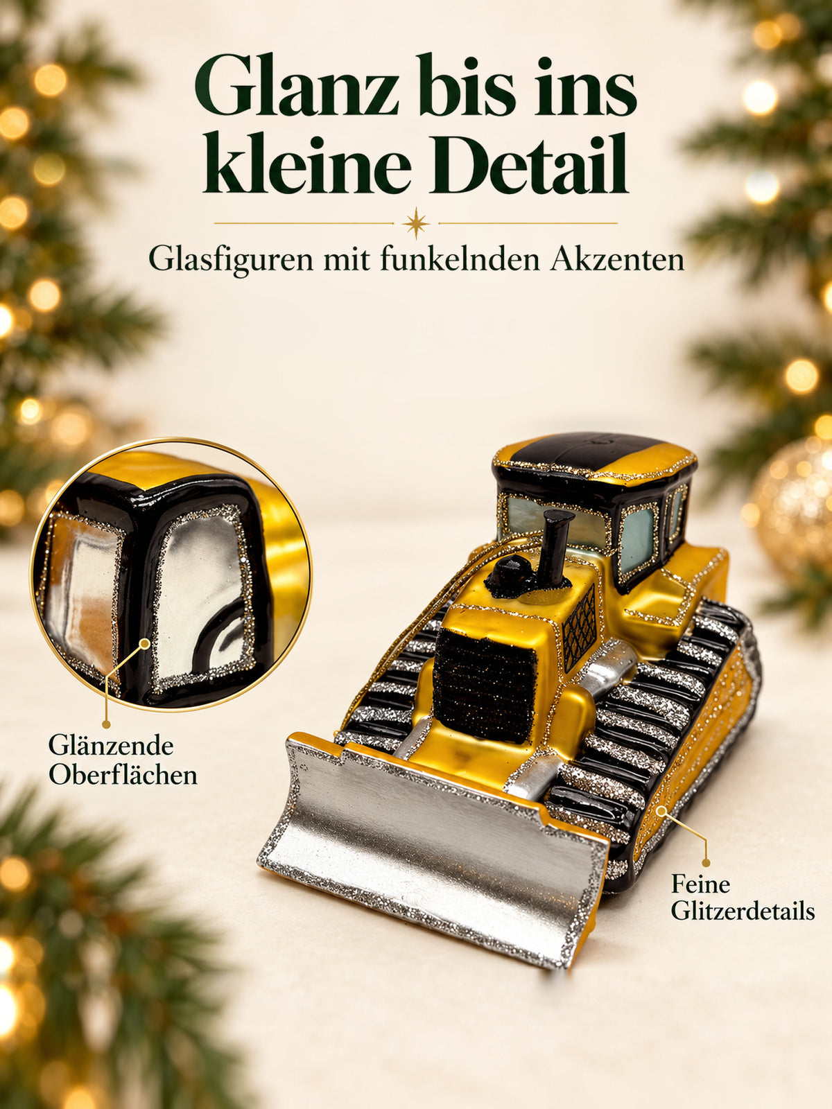 ArtiTree Glasfigurenset Baumeisterset – Detailnahaufnahme einer Glasfigur, handbemaltes Glas in Gelb-Schwarz mit Glanzfinish, „Glanz bis ins kleine Detail"