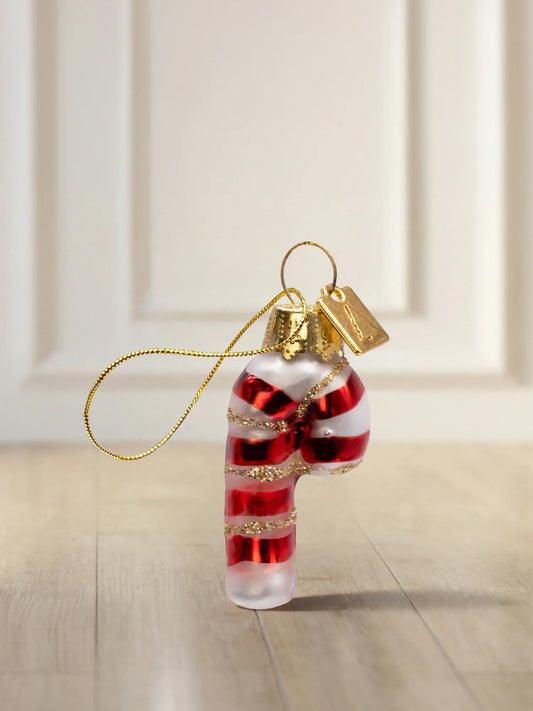 Glasornament Zuckerstange klein: rot-weiß gestreifte Zuckerstange mit Goldglitter-Akzenten, goldenes Hängeelement