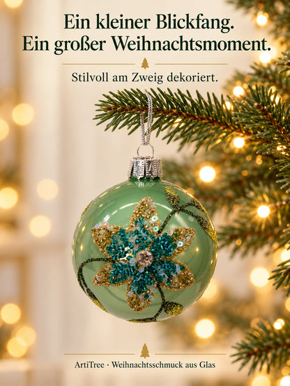 Weihnachtskugel Glas salbei glanz Blumenmotiv