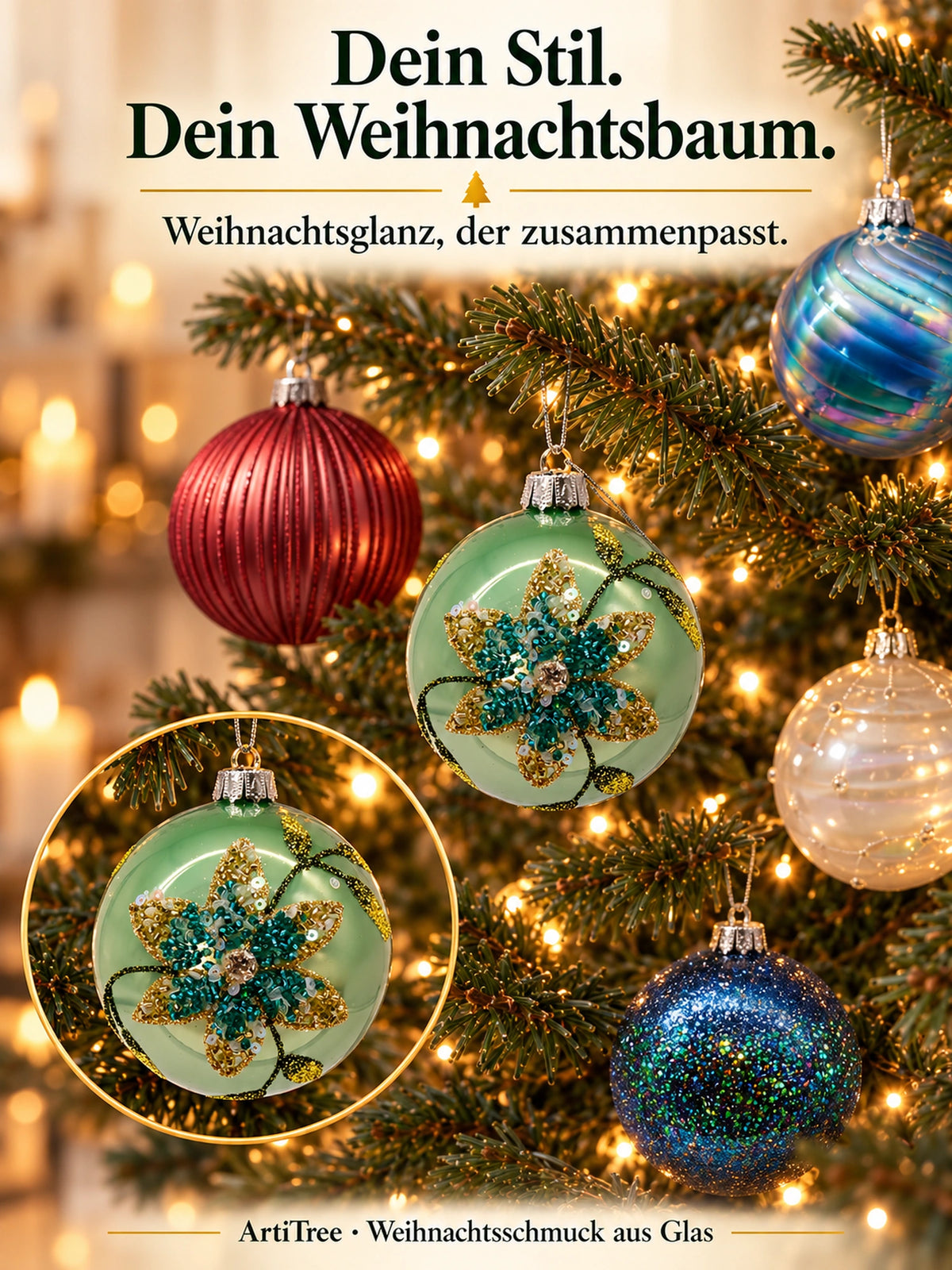Weihnachtskugel Glas salbei glanz Blumenmotiv