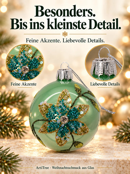 Weihnachtskugel Glas salbei glanz Blumenmotiv