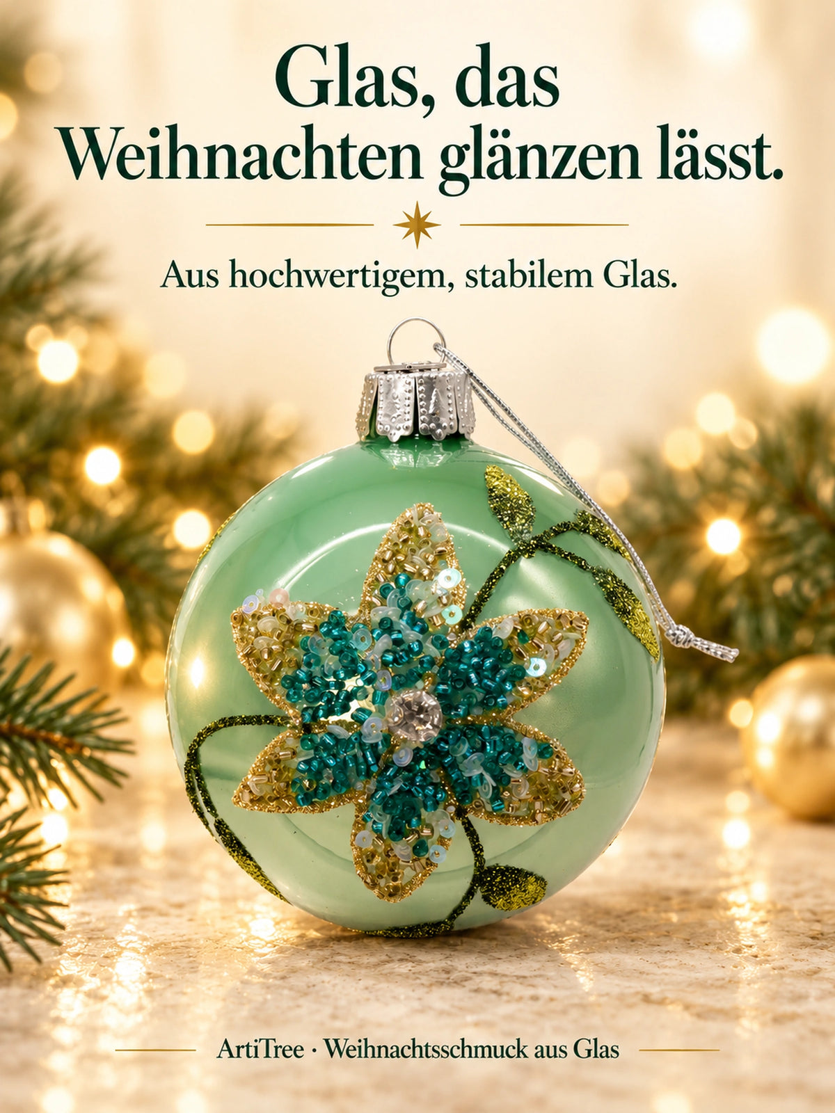 Weihnachtskugel Glas salbei glanz Blumenmotiv