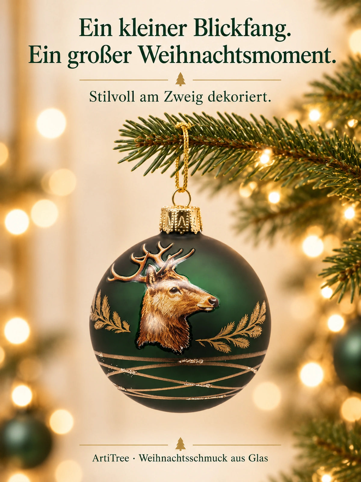 Weihnachtskugel Glas grün matt mit Hirsch