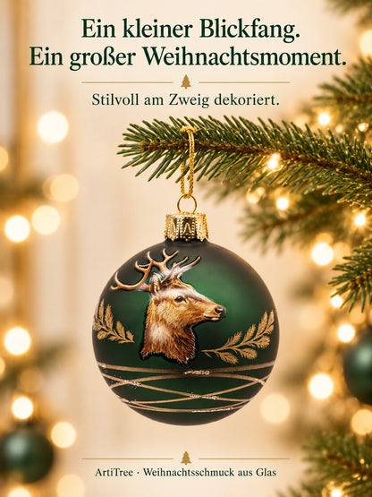 Weihnachtskugel Glas grün matt mit Hirsch