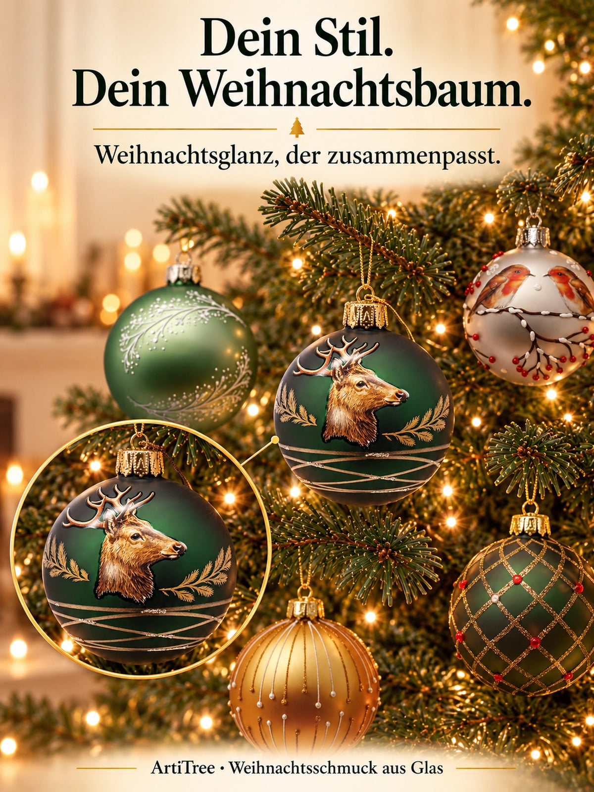 Weihnachtskugel Glas grün matt mit Hirsch