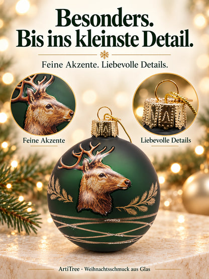 Weihnachtskugel Glas grün matt mit Hirsch