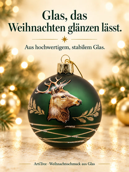 Weihnachtskugel Glas grün matt mit Hirsch