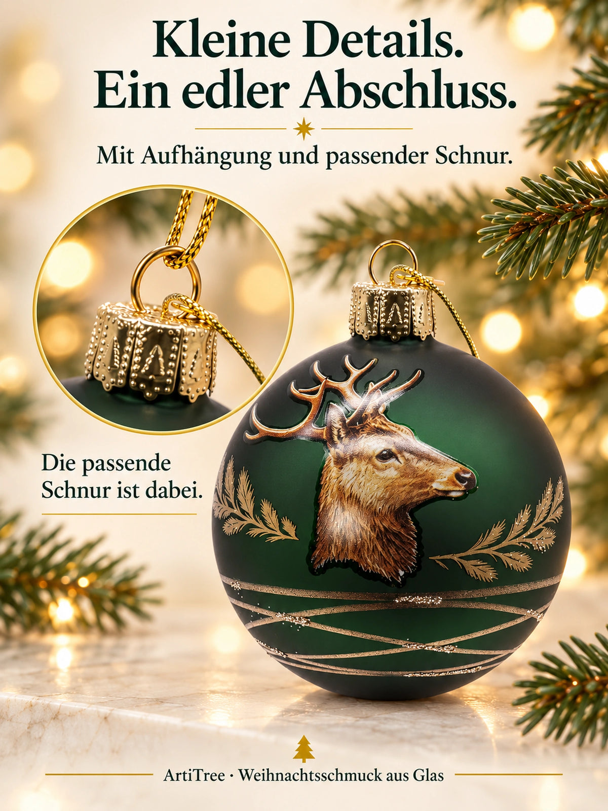Weihnachtskugel Glas grün matt mit Hirsch