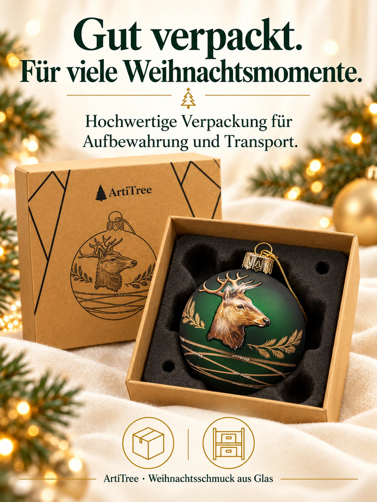 Weihnachtskugel Glas grün matt mit Hirsch