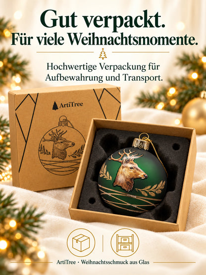 Weihnachtskugel Glas grün matt mit Hirsch
