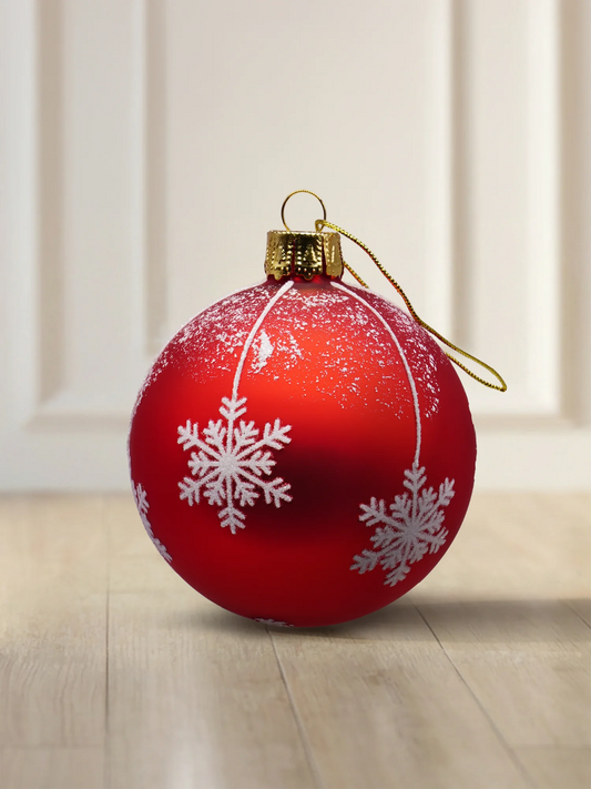 ArtiTree Glaskugel 8 cm in Rot matt mit großen weißen Schneeflocken und Schneestaub