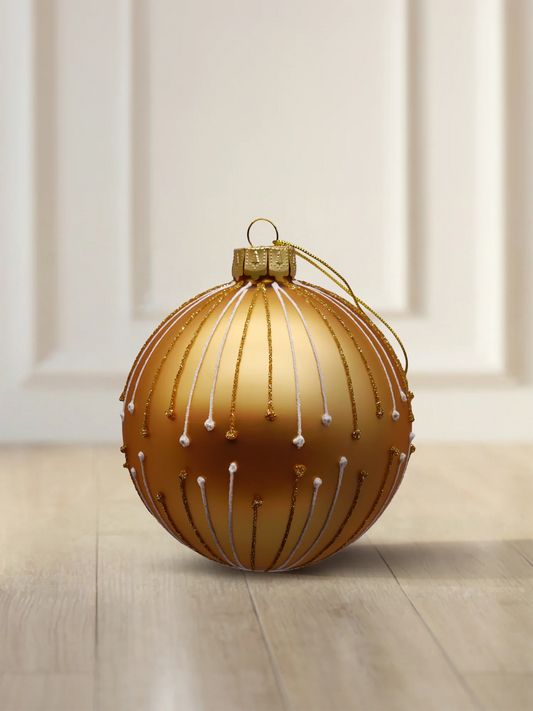 ArtiTree Glaskugel 6 cm in Gold matt mit Glitzerlinien und weißen Punkten im Strahlenmuster