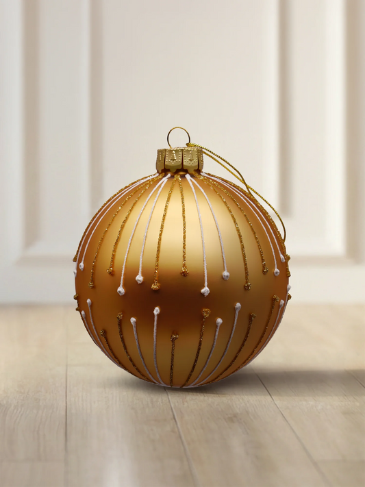 ArtiTree Glaskugel 8 cm in Gold matt mit Glitzerlinien und weißen Punkten im Strahlenmuster