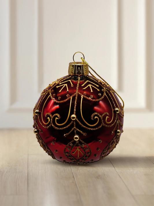ArtiTree Glaskugel 8 cm in Weinrot mit goldenen Ornamenten, Perlen und Glitzerdekor