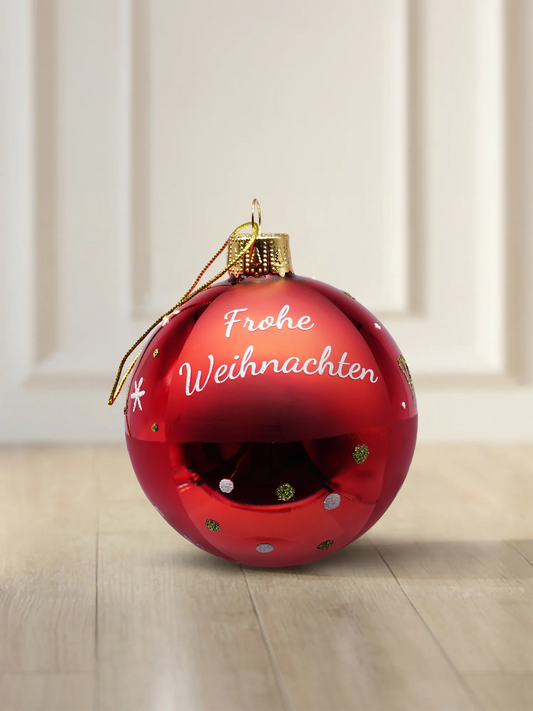 ArtiTree glazen kerstbal 6 cm in rood met opschrift „Vrolijk Kerstmis” en gouden glitterstipjes