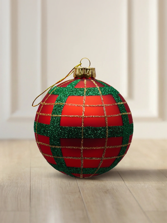 ArtiTree Glaskugel 8 cm in Rot matt mit grün-goldenem Karomuster aus Glitzer
