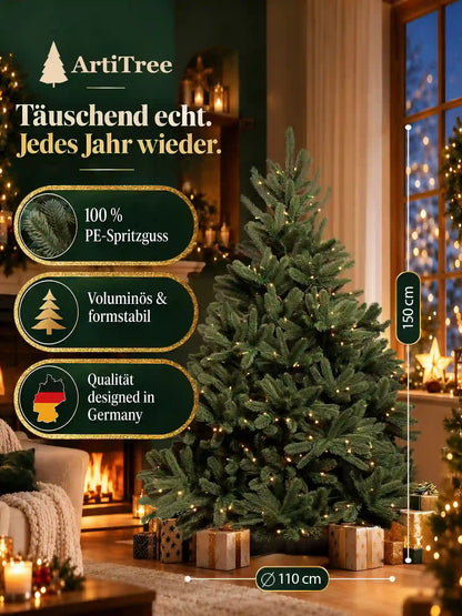 ArtiTree Edeltanne 150cm mit LED: „Täuschend echt. Jedes Jahr wieder." – 100% PE-Spritzguss, voluminös & formstabil, designed in Germany; Höhe 150cm, Durchmesser 110cm