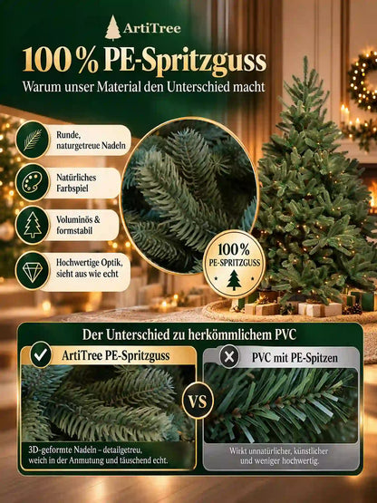 ArtiTree Edeltanne 150cm mit LED: 100% PE-Spritzguss – Vergleich ArtiTree PE-Spritzguss vs. PVC mit PE-Spitzen; runde naturgetreue Nadeln, natürliches Farbspiel, voluminös & formstabil