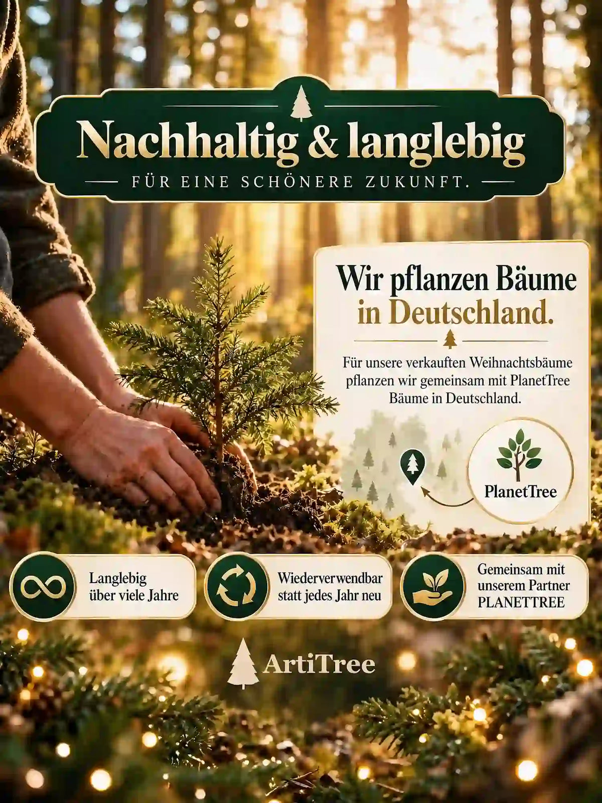 ArtiTree Edeltanne 150cm mit LED: „Nachhaltig & langlebig" – langlebig über viele Jahre, wiederverwendbar, Baumpflanzaktion mit Partner PlanetTree