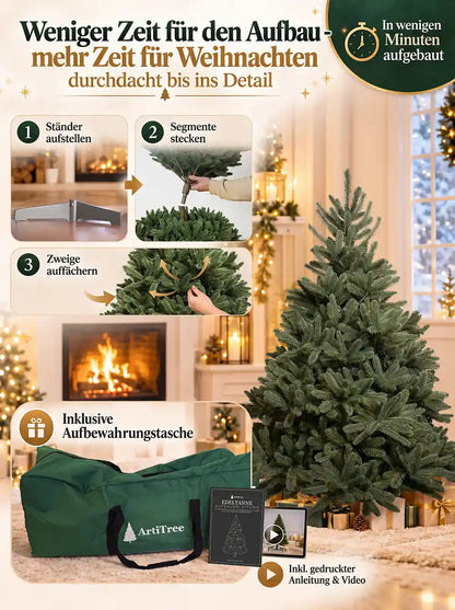 ArtiTree Edeltanne 150cm ohne LED: Aufbau in 3 Schritten – Ständer aufstellen, Segmente stecken, Zweige auffächern; inklusive grüner Aufbewahrungstasche und gedruckter Aufbauanleitung