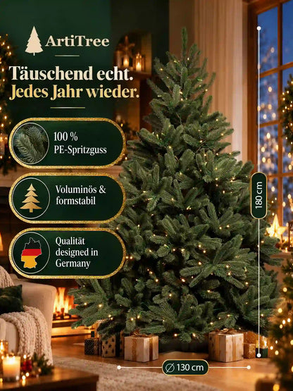 ArtiTree Edeltanne 180cm mit LED: „Täuschend echt. Jedes Jahr wieder." – 100% PE-Spritzguss, voluminös & formstabil, designed in Germany; Höhe 180cm, Durchmesser 130cm