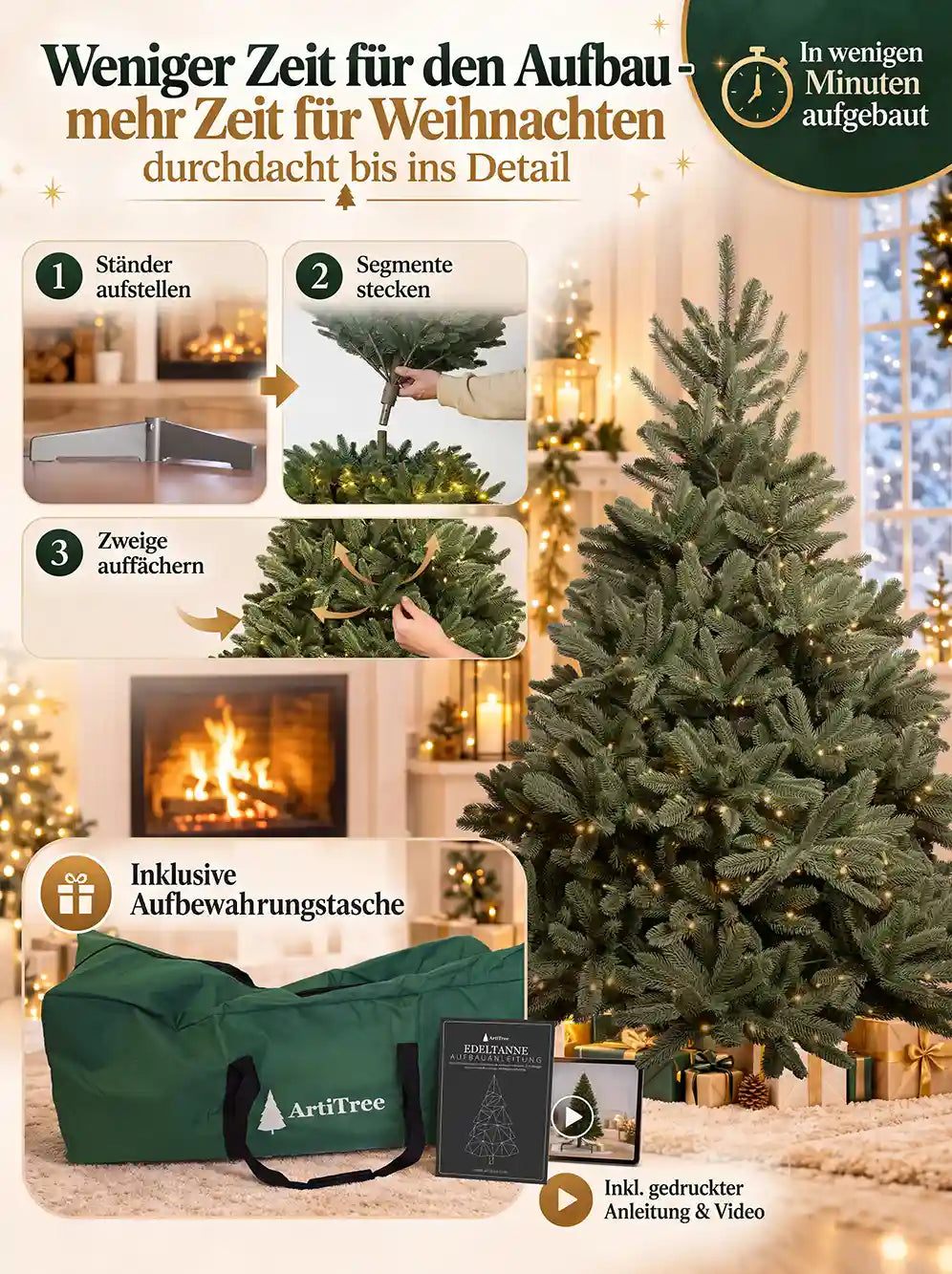 ArtiTree Edeltanne 180cm mit LED: Aufbau in 3 Schritten – Ständer aufstellen, Segmente stecken, Zweige auffächern; inklusive grüner Aufbewahrungstasche und gedruckter Aufbauanleitung