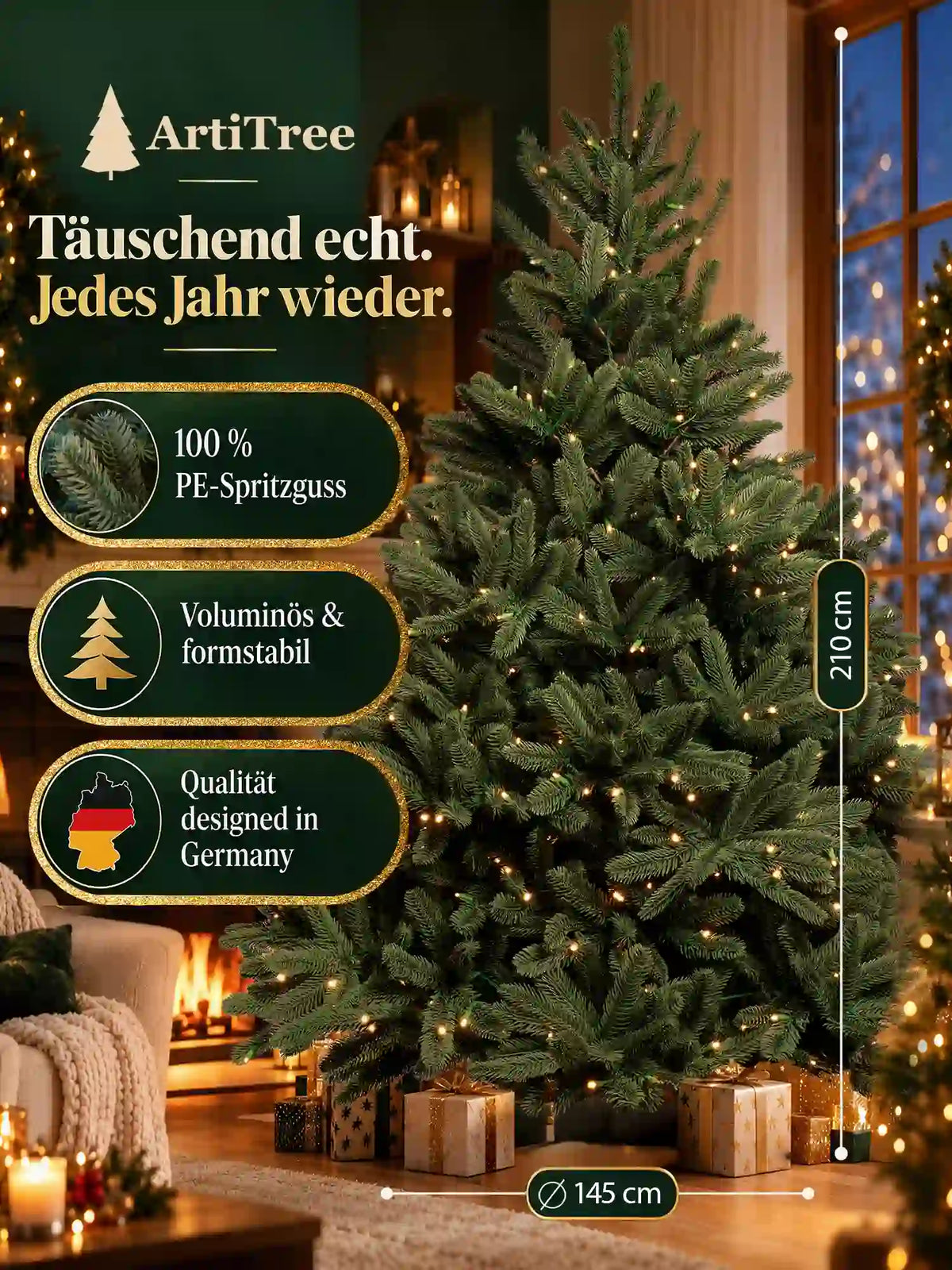 ArtiTree Edeltanne 210cm mit LED: „Täuschend echt. Jedes Jahr wieder." – 100% PE-Spritzguss, voluminös & formstabil, designed in Germany; Höhe 210cm, Durchmesser 145cm