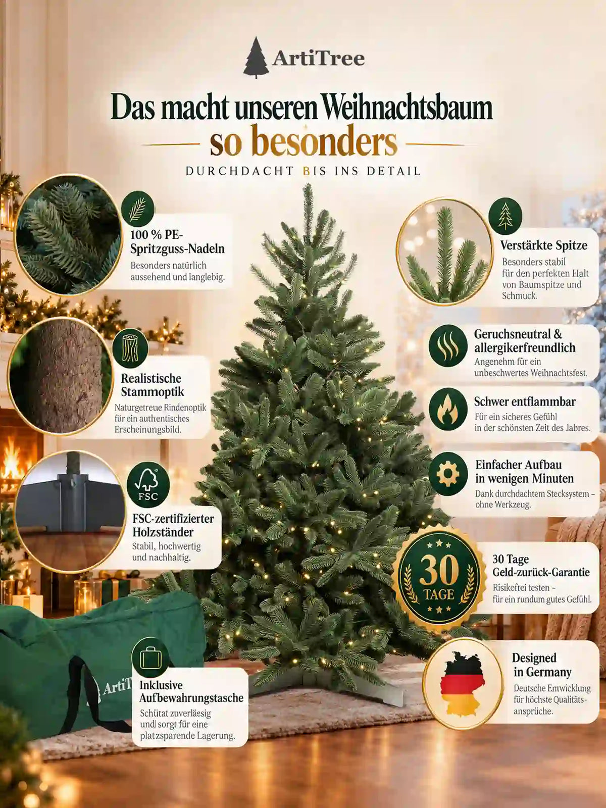 ArtiTree Edeltanne 210cm mit LED: „Das macht unseren Weihnachtsbaum so besonders" – PE-Spritzguss-Nadeln, realistische Stammoptik, FSC-Holzständer, verstärkte Spitze, geruchsneutral, schwer entflammbar, Stecksystem, Aufbewahrungstasche, designed in Germany