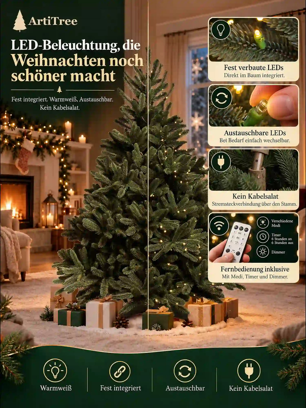 ArtiTree Edeltanne 210cm mit LED: LED-Beleuchtung – fest verbaute warmweiße LEDs, austauschbar, kein Kabelsalat dank Stammsteckverbindung, Fernbedienung mit Modi, Timer und Dimmer inklusive