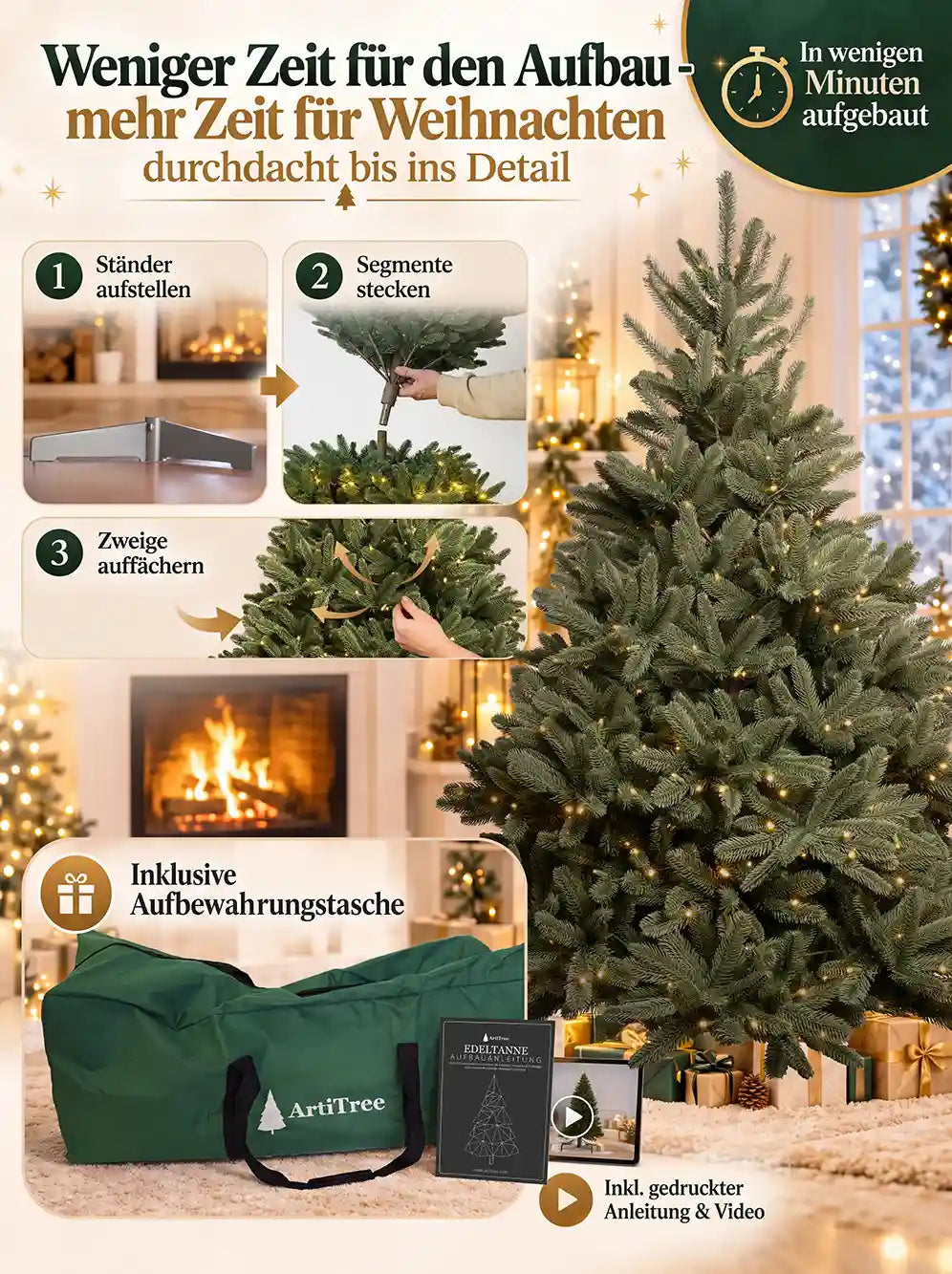 ArtiTree Edeltanne 210cm mit LED: Aufbau in 3 Schritten – Ständer aufstellen, Segmente stecken, Zweige auffächern; inklusive grüner Aufbewahrungstasche und gedruckter Aufbauanleitung