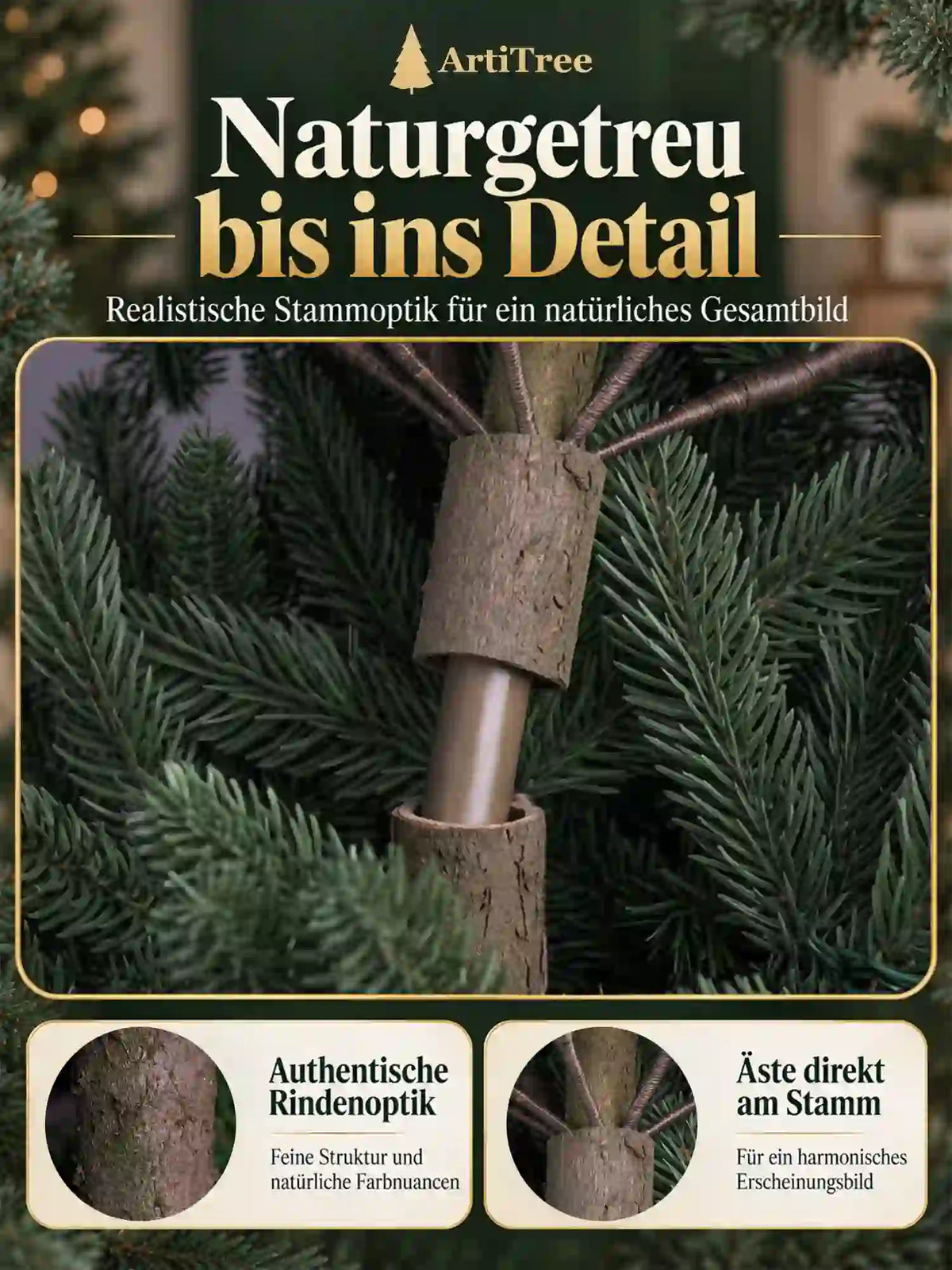 ArtiTree Edeltanne 210cm mit LED: „Naturgetreu bis ins Detail" – Nahaufnahme der realistischen Stammoptik mit authentischer Rindenoptik und Ästen direkt am Stamm