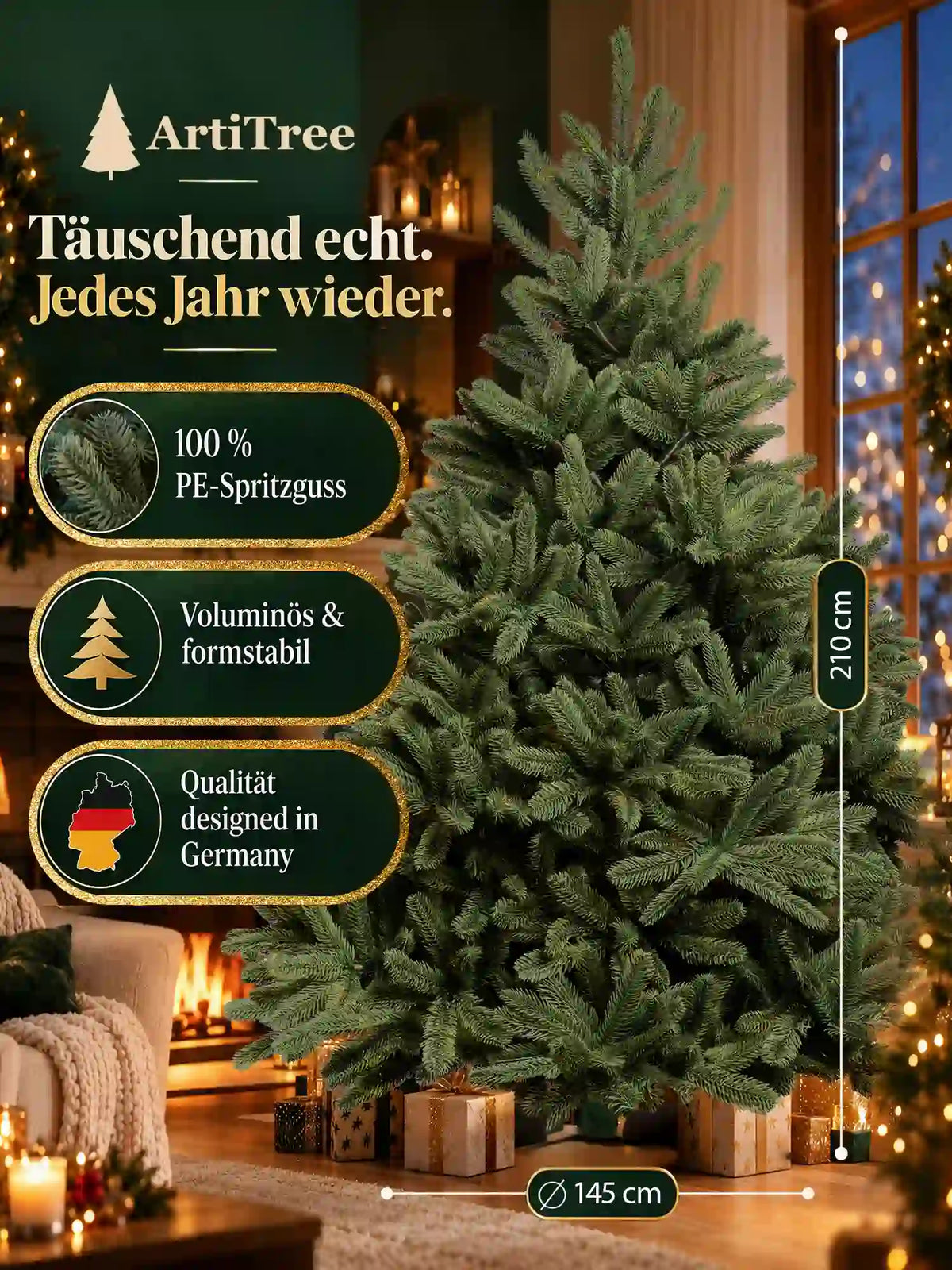 ArtiTree Edeltanne 210cm ohne LED: „Täuschend echt. Jedes Jahr wieder." – 100% PE-Spritzguss, voluminös & formstabil, designed in Germany; Höhe 210cm, Durchmesser 145cm