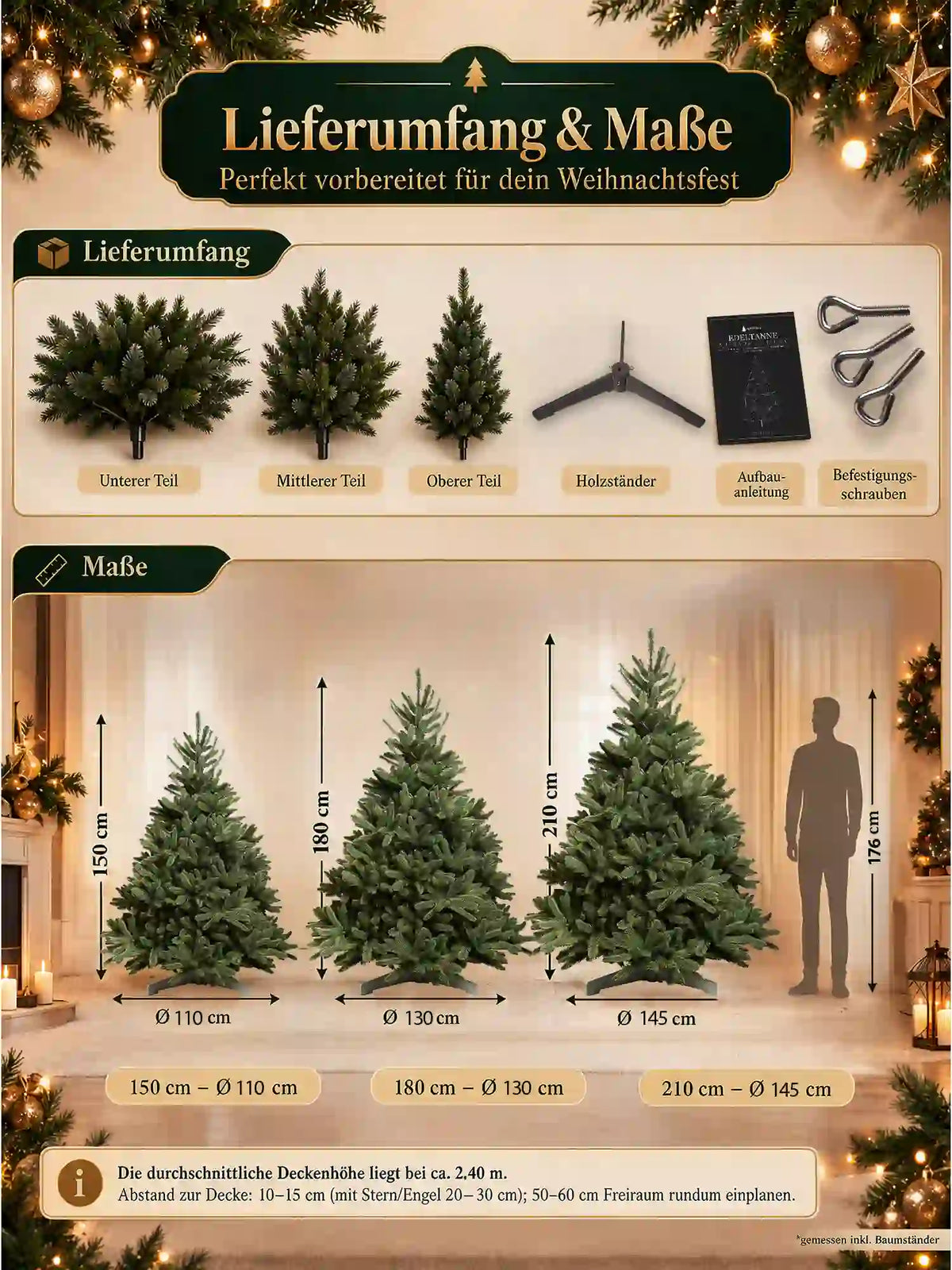 ArtiTree Edeltanne 210cm ohne LED: Lieferumfang & Maße – 3 Segmente, Holzständer, Aufbauanleitung, Befestigungsschrauben; Größenvergleich 150cm/Ø 110cm, 180cm/Ø 130cm, 210cm/Ø 145cm