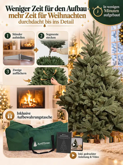 ArtiTree Edeltanne 210cm ohne LED: Aufbau in 3 Schritten – Ständer aufstellen, Segmente stecken, Zweige auffächern; inklusive grüner Aufbewahrungstasche und gedruckter Aufbauanleitung