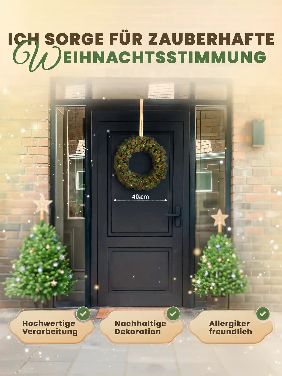 Ghirlanda natalizia artificiale da porta da 40 cm di ArtiTree su una porta d’ingresso nera