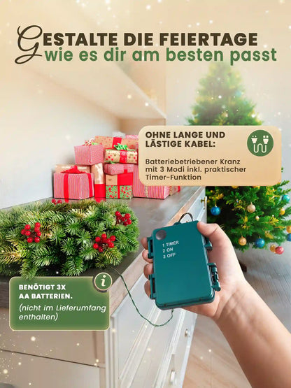 Ghirlanda natalizia a batteria di ArtiTree con timer: una mano tiene il controller, mentre la ghirlanda è appoggiata su una cassettiera