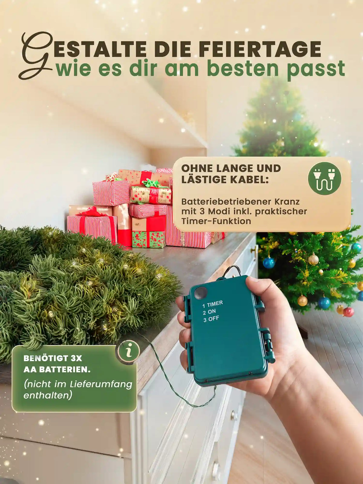 Couronne de Noël en forme de cœur à piles ArtiTree avec minuterie – une main tient le boîtier de commande, la couronne est posée sur une commode